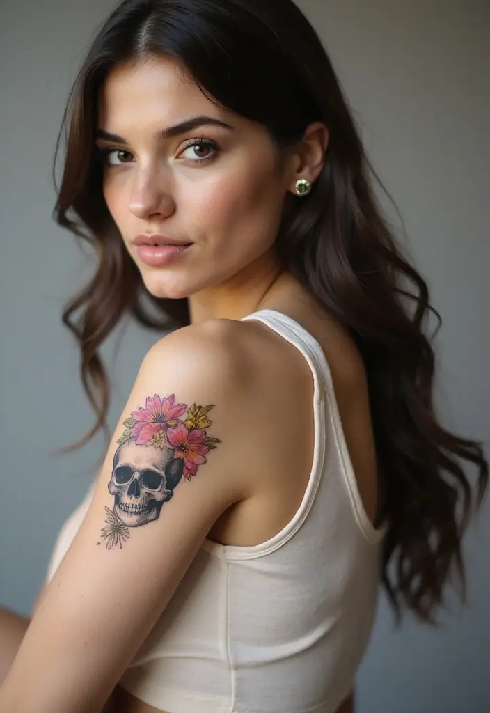 33+ Tattoos For Women Meaningful: Ideas With Deep Symbolism - 17. Skull with Flowers