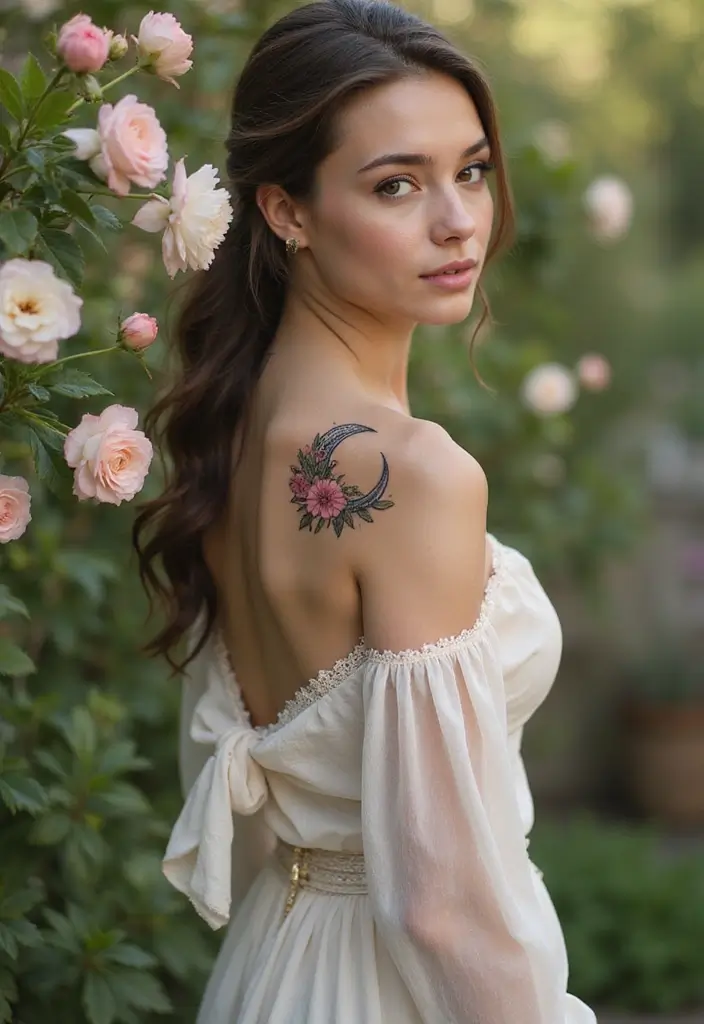 35+ Shoulder Tattoo Ideas For Women: Elegant & Chic Choices - 21. Crescent Moon with Flowers
