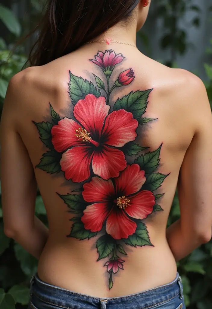 36+ Spine Tattoos For Women Flowers: Gorgeous Floral Back Ink - 10. Hibiscus Romance