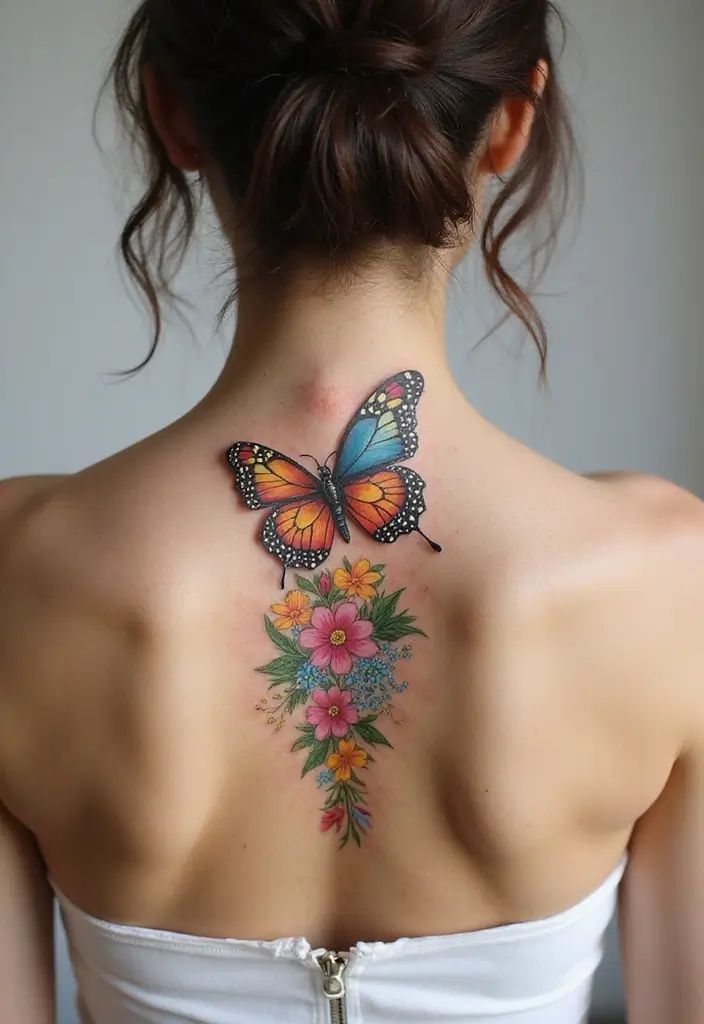 36+ Spine Tattoos For Women Flowers: Gorgeous Floral Back Ink - 11. Butterfly Flower Hybrid