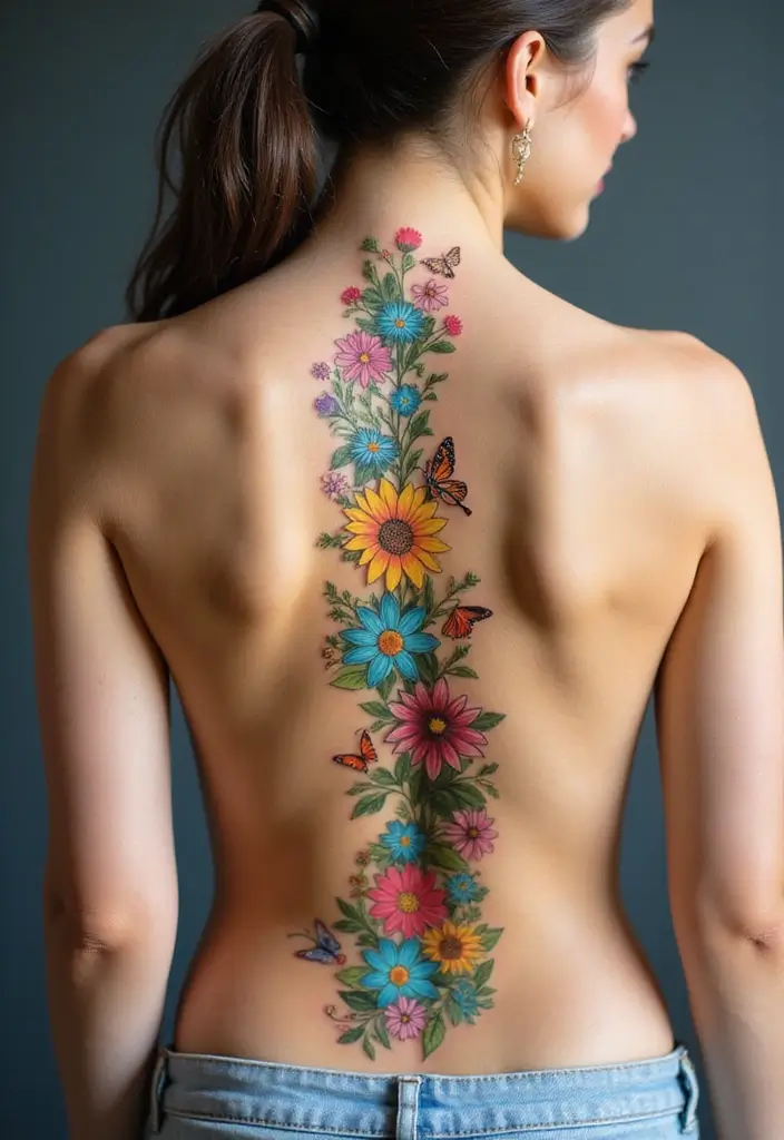 36+ Spine Tattoos For Women Flowers: Gorgeous Floral Back Ink - 14. Whimsical Garden Scene