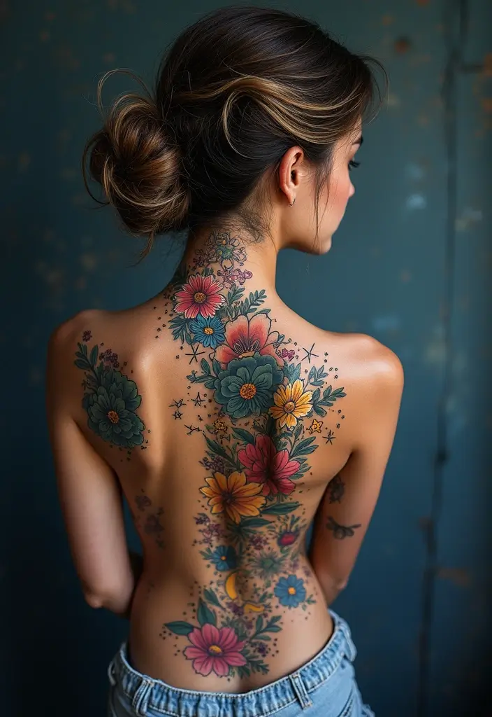 36+ Spine Tattoos For Women Flowers: Gorgeous Floral Back Ink - 15. Starry Floral Night