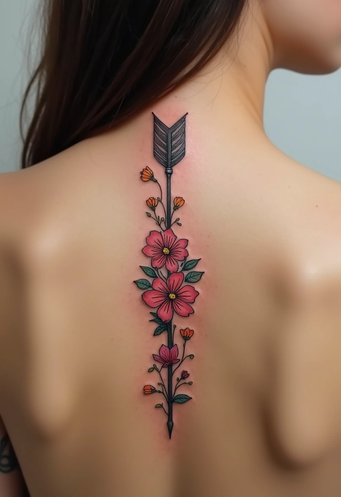 36+ Spine Tattoos For Women Flowers: Gorgeous Floral Back Ink - 17. Floral Arrow