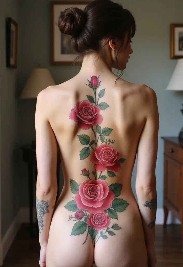 36+ Spine Tattoos For Women Flowers: Gorgeous Floral Back Ink - 2. Rose Medley