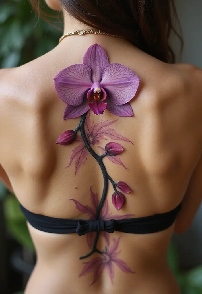 36+ Spine Tattoos For Women Flowers: Gorgeous Floral Back Ink - 20. Orchid Elegance