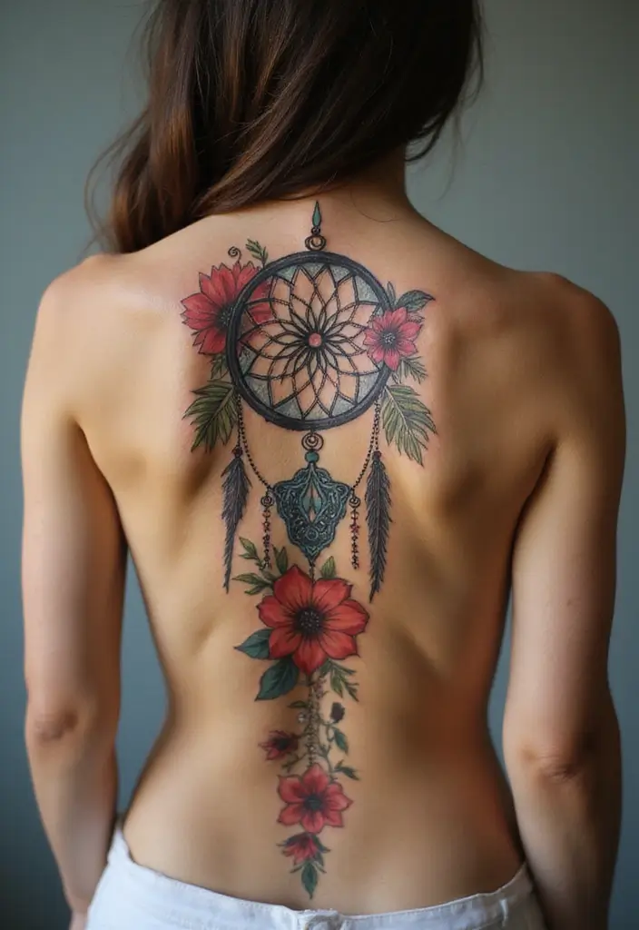 36+ Spine Tattoos For Women Flowers: Gorgeous Floral Back Ink - 23. Bohemian Floral Dreamcatcher