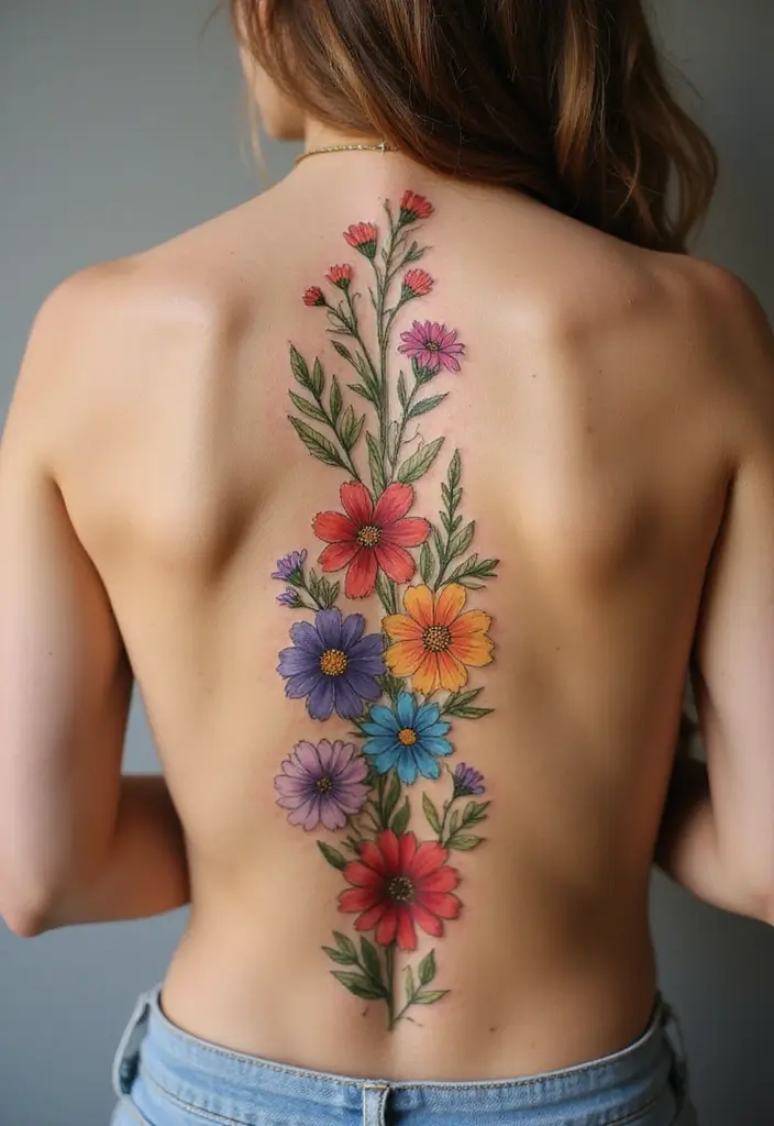 36+ Spine Tattoos For Women Flowers: Gorgeous Floral Back Ink - 25. Meadow Flowers