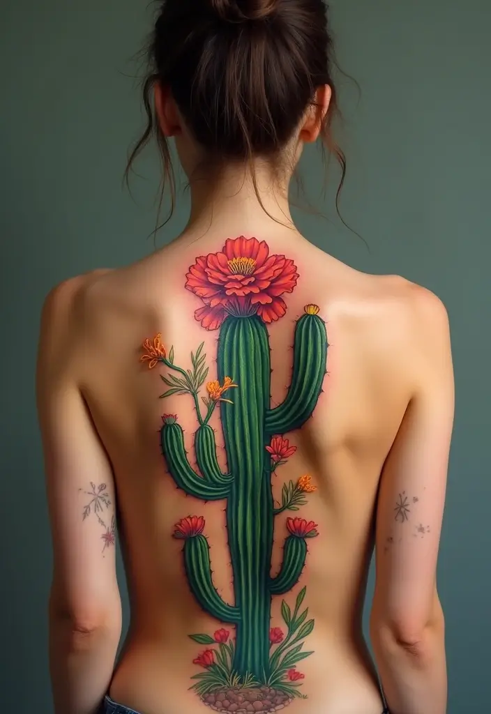 36+ Spine Tattoos For Women Flowers: Gorgeous Floral Back Ink - 27. Cactus Flowers