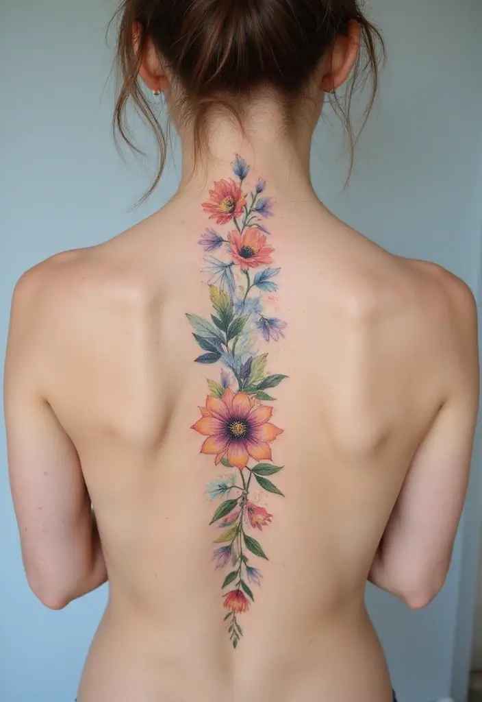 36+ Spine Tattoos For Women Flowers: Gorgeous Floral Back Ink - 29. Watercolor Floral