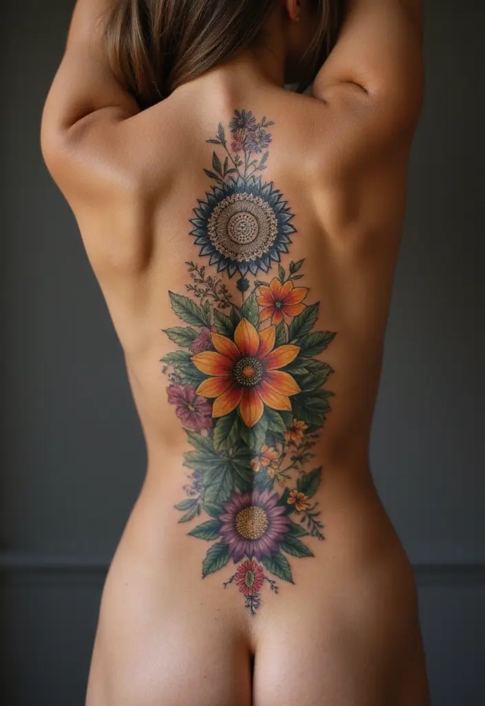 36+ Spine Tattoos For Women Flowers: Gorgeous Floral Back Ink - 30. Floral Medallion