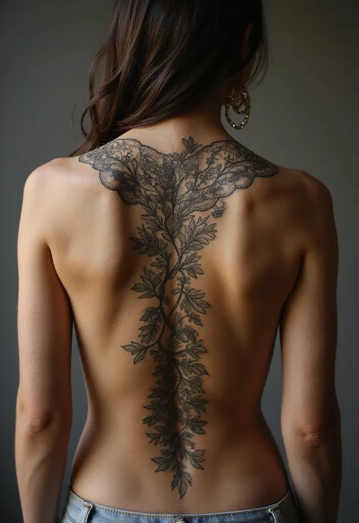 36+ Spine Tattoos For Women Flowers: Gorgeous Floral Back Ink - 31. Floral Lace