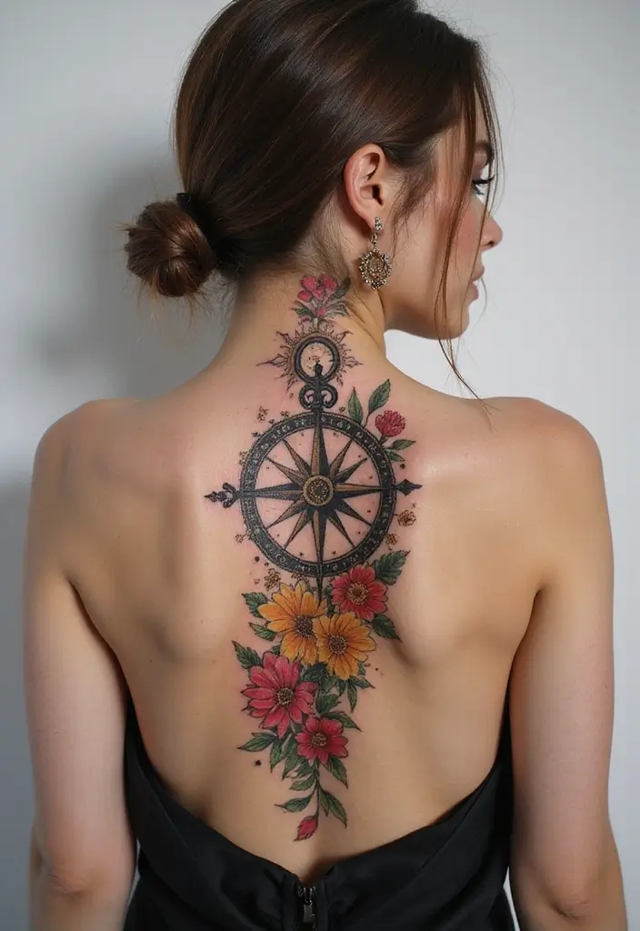 36+ Spine Tattoos For Women Flowers: Gorgeous Floral Back Ink - 33. Floral Compass