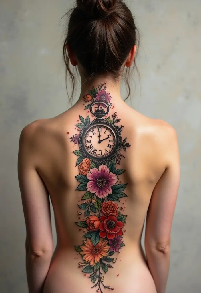 36+ Spine Tattoos For Women Flowers: Gorgeous Floral Back Ink - 34. Floral Clock