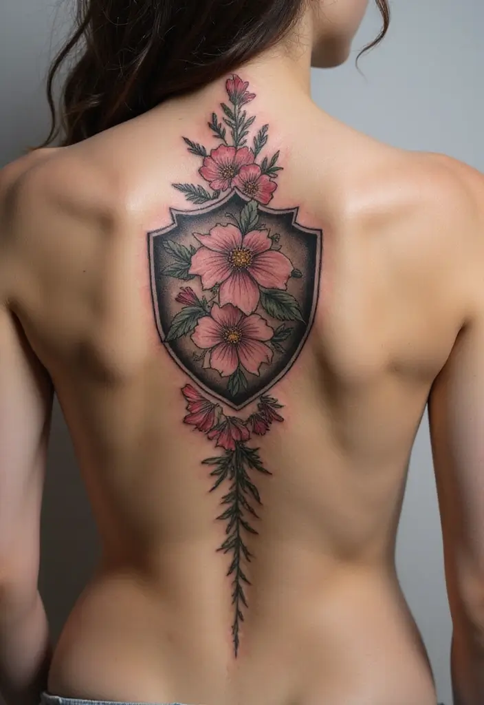 36+ Spine Tattoos For Women Flowers: Gorgeous Floral Back Ink - 36. Floral Shield