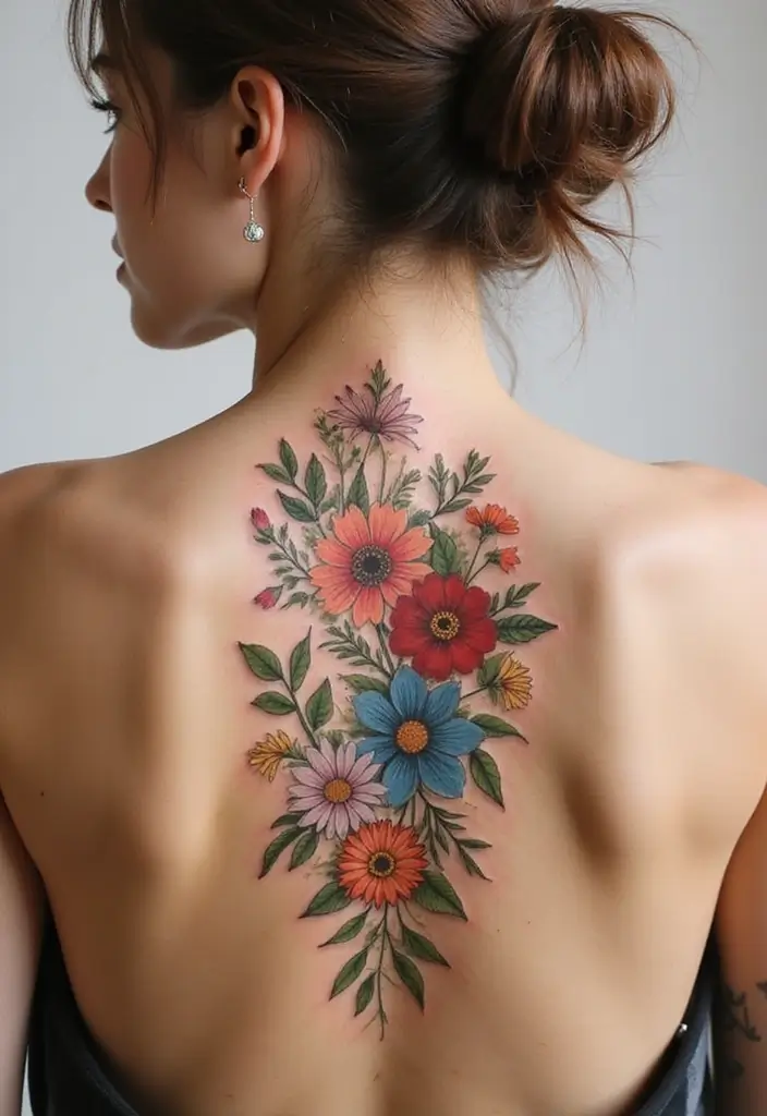 36+ Spine Tattoos For Women Flowers: Gorgeous Floral Back Ink - 4. Wildflower Bouquet