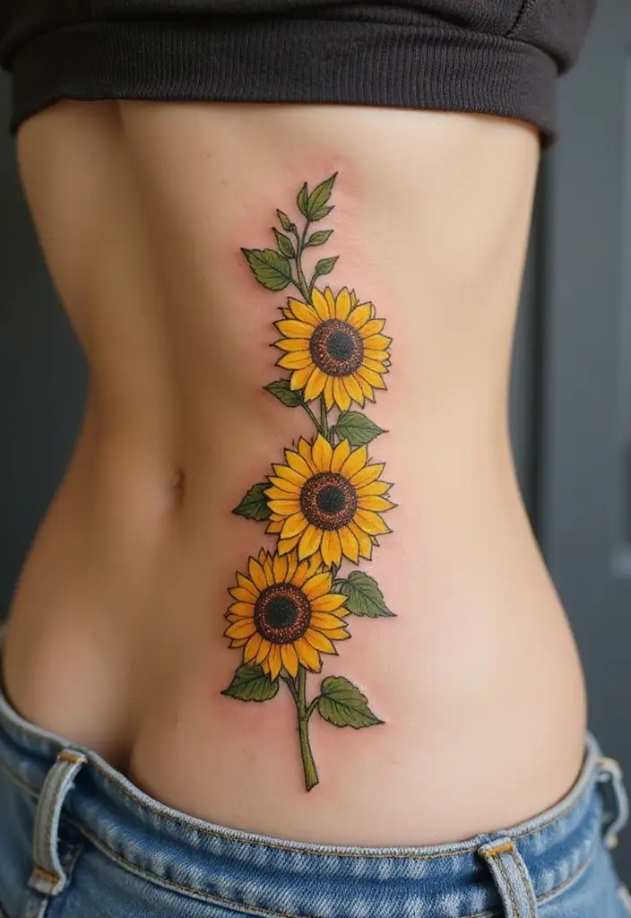 36+ Spine Tattoos For Women Flowers: Gorgeous Floral Back Ink - 7. Sunflower Spine Tattoo