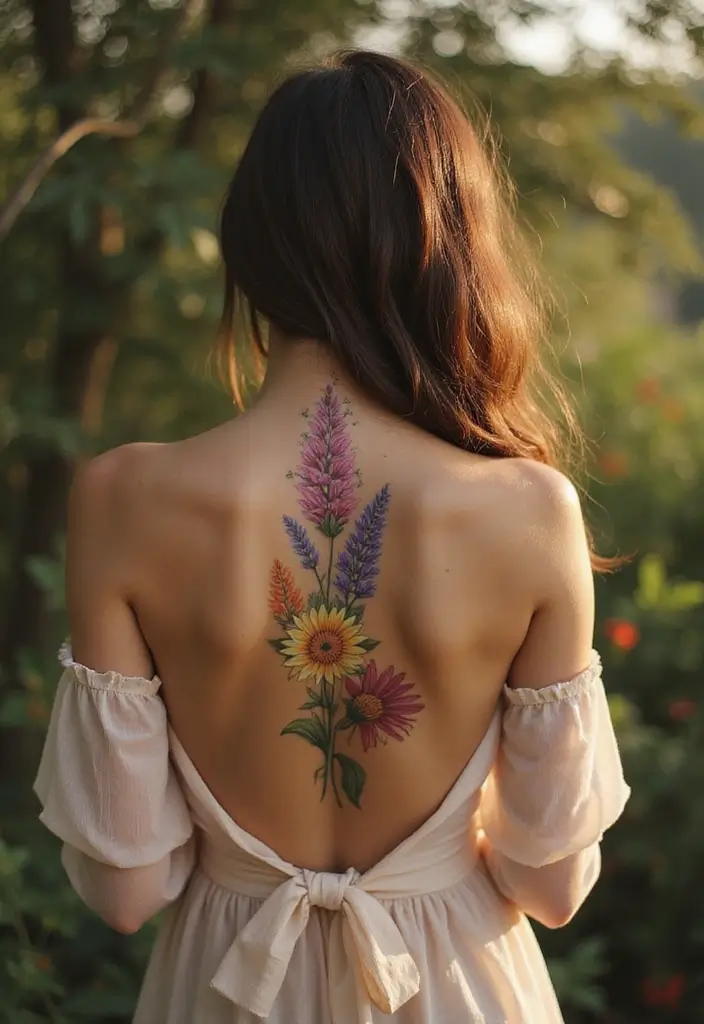 37+ Western Spine Tattoos For Women: Unique Styles From The West - 1. Wildflower Wonders
