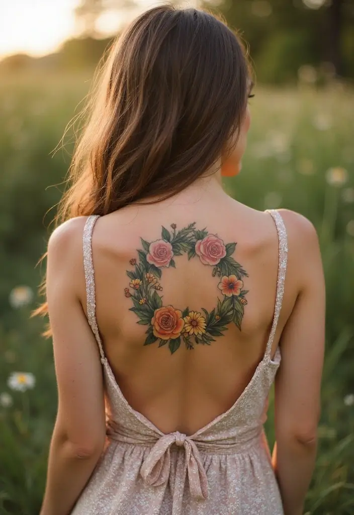 37+ Western Spine Tattoos For Women: Unique Styles From The West - 13. Floral Wreaths