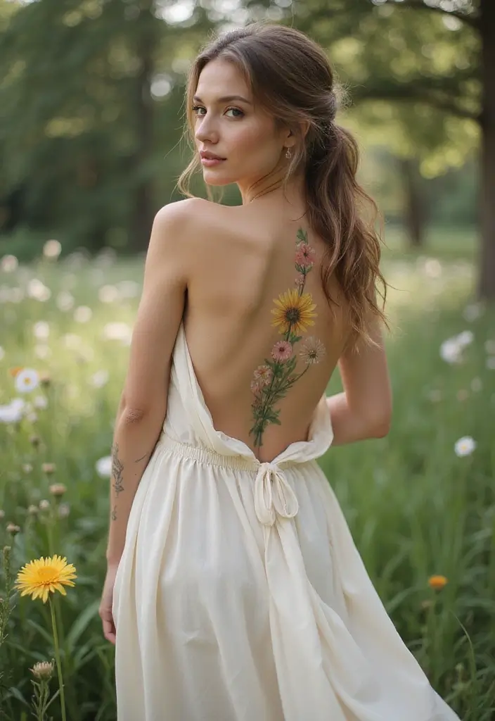 37+ Western Spine Tattoos For Women: Unique Styles From The West - 18. Dandelion Dreams
