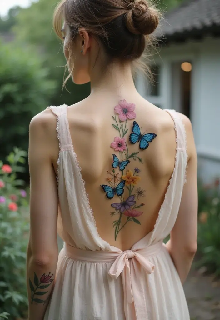 37+ Western Spine Tattoos For Women: Unique Styles From The West - 20. Butterfly and Floral Harmony