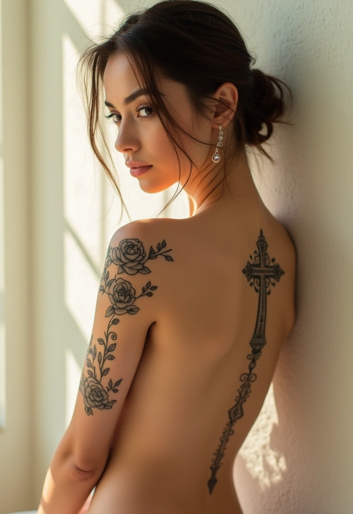 37+ Western Spine Tattoos For Women: Unique Styles From The West - 22. Cross and Floral Elements