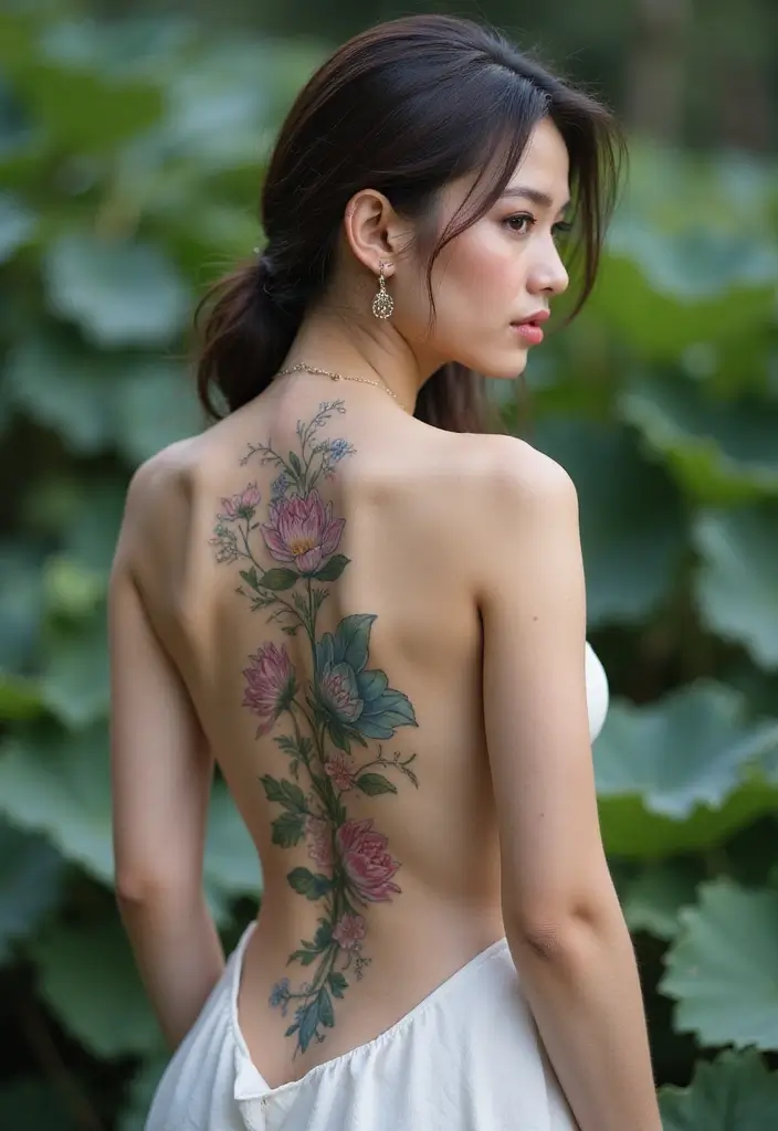 37+ Western Spine Tattoos For Women: Unique Styles From The West - 28. Lotus Flowers