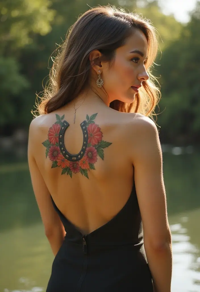 37+ Western Spine Tattoos For Women: Unique Styles From The West - 3. Horseshoe and Floral Fusion