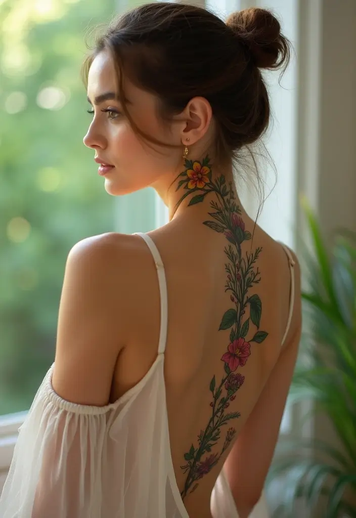 37+ Western Spine Tattoos For Women: Unique Styles From The West - 30. Personal Symbols and Flowers