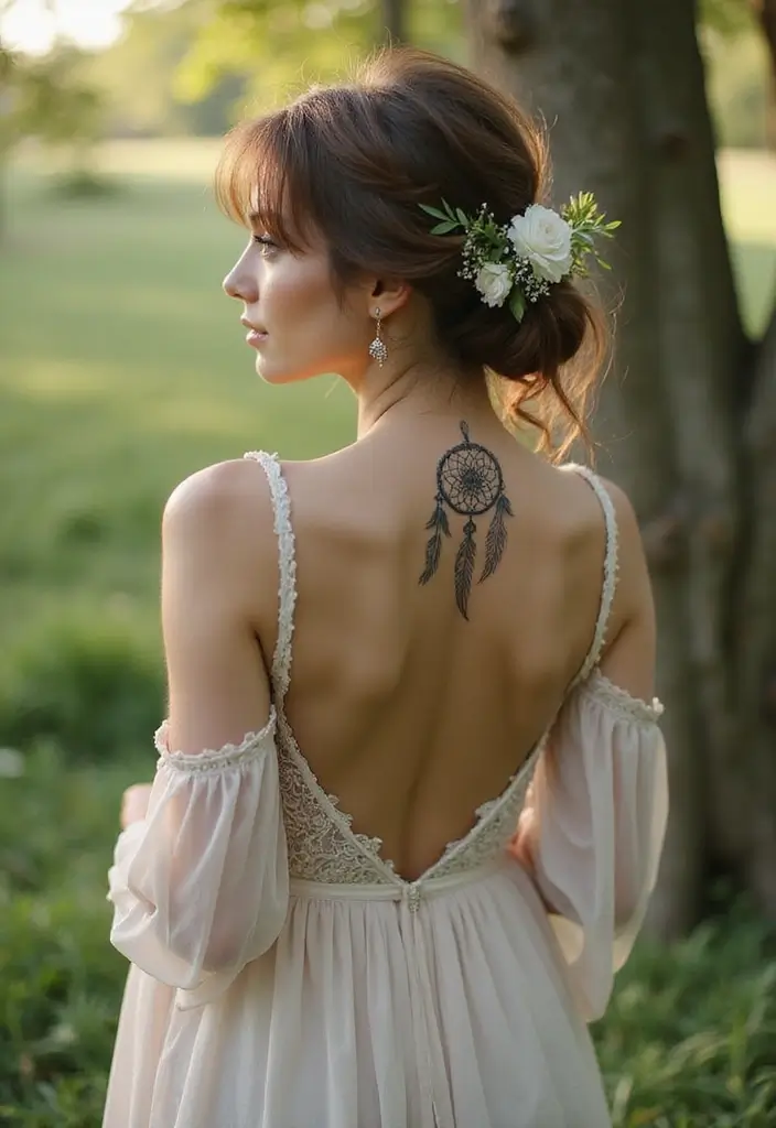 37+ Western Spine Tattoos For Women: Unique Styles From The West - 4. Dreamcatchers and Feathers