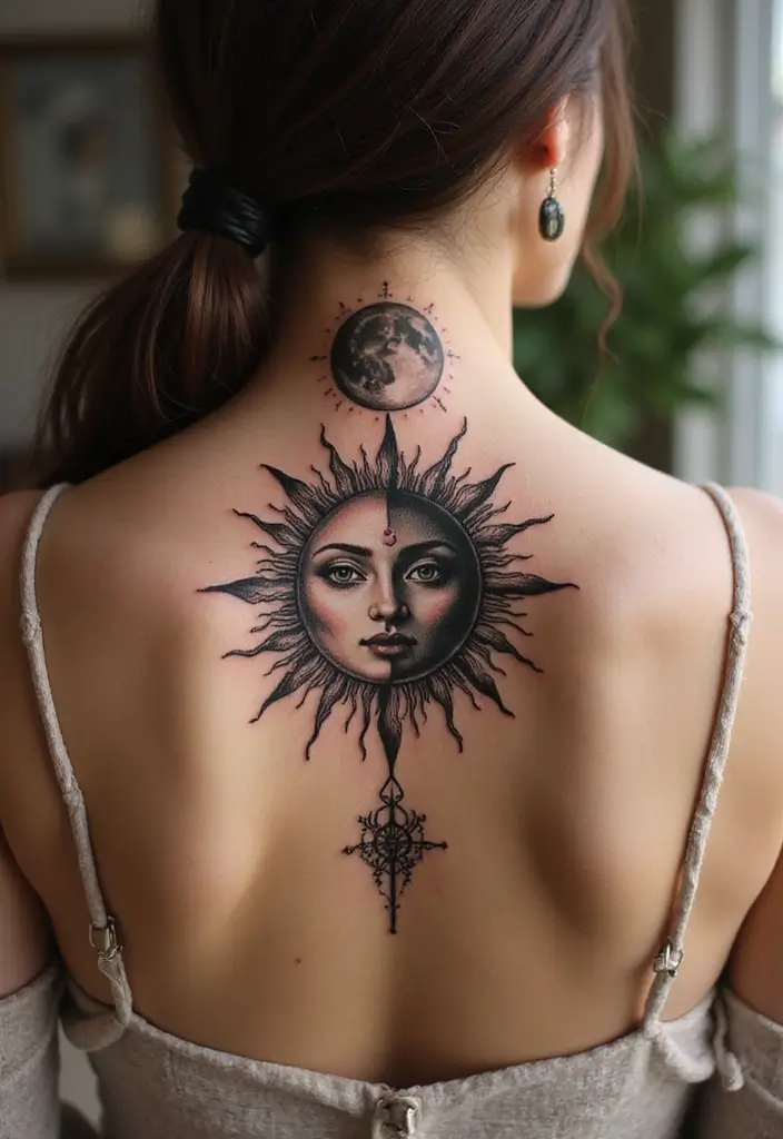 38+ Spine Tattoos For Women Unique: Standout Designs For Your Back - 15. Sun and Moon