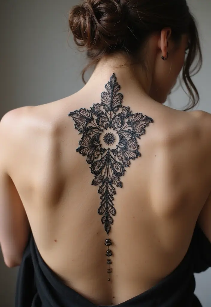 38+ Spine Tattoos For Women Unique: Standout Designs For Your Back - 19. Lace Tattoos