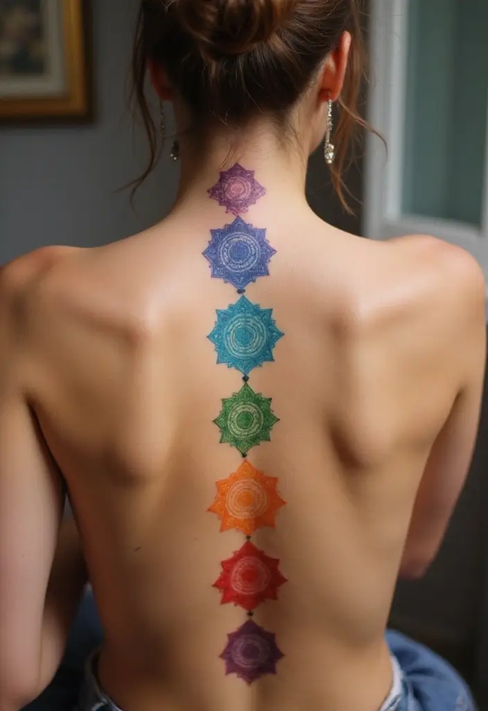 38+ Spine Tattoos For Women Unique: Standout Designs For Your Back - 30. Chakra Symbols
