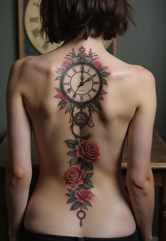 38+ Spine Tattoos For Women Unique: Standout Designs For Your Back - 32. Clock Tattoos