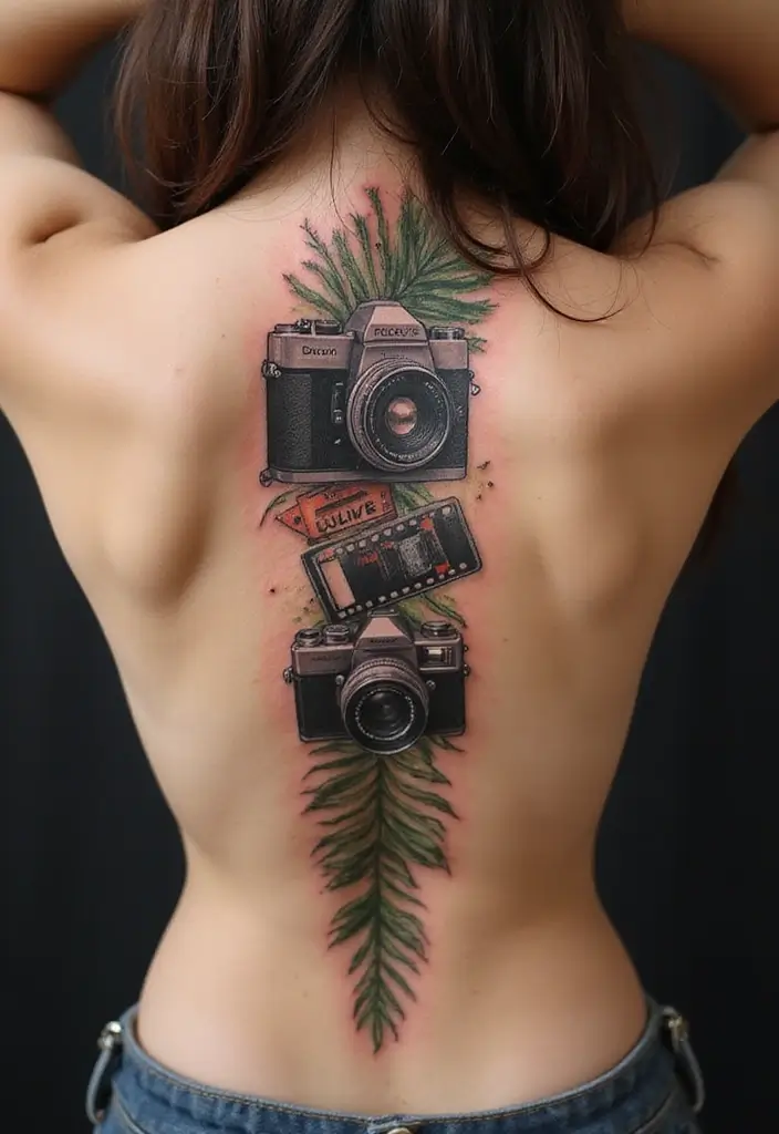 38+ Spine Tattoos For Women Unique: Standout Designs For Your Back - 35. Vintage Cameras