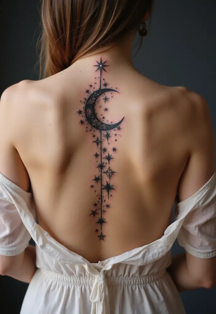 38+ Spine Tattoos For Women Unique: Standout Designs For Your Back - 4. Moon and Stars