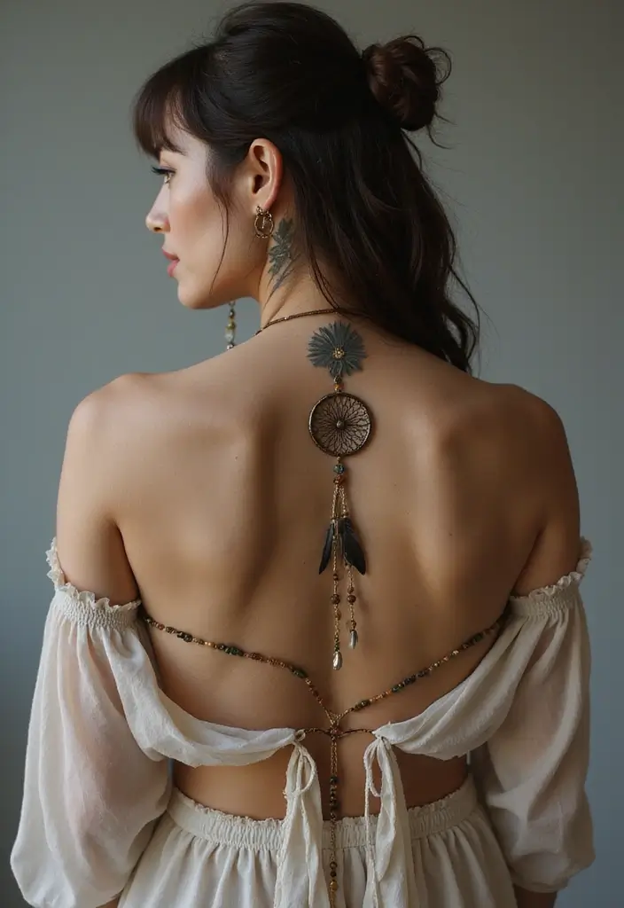 39+ Spine Tattoos For Women Fine Line: Delicate & Minimalist Ideas - 11. Dreamcatchers