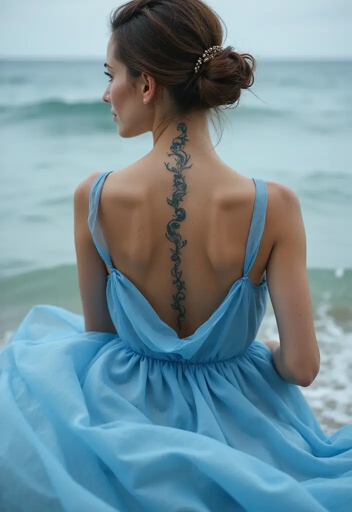 39+ Spine Tattoos For Women Fine Line: Delicate & Minimalist Ideas - 12. Waves and Water