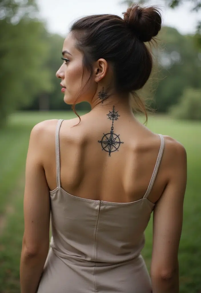 39+ Spine Tattoos For Women Fine Line: Delicate & Minimalist Ideas - 21. Fine Line Compass