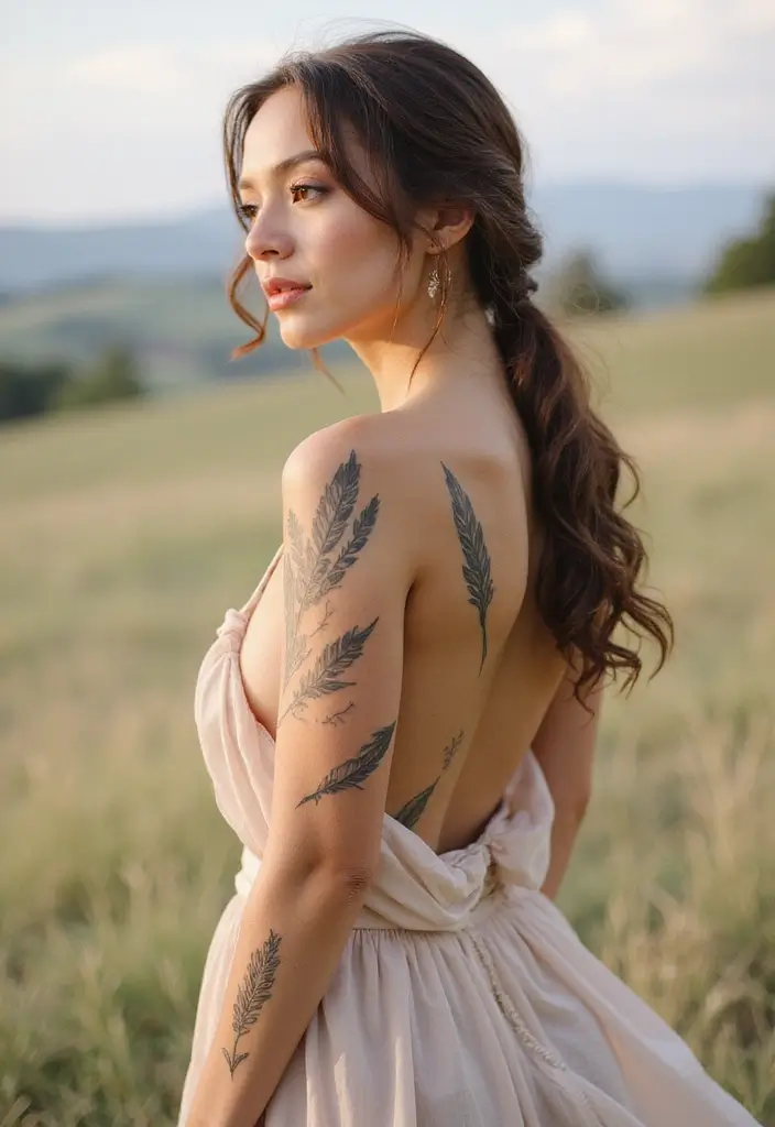 39+ Spine Tattoos For Women Fine Line: Delicate & Minimalist Ideas - 22. Feather Designs