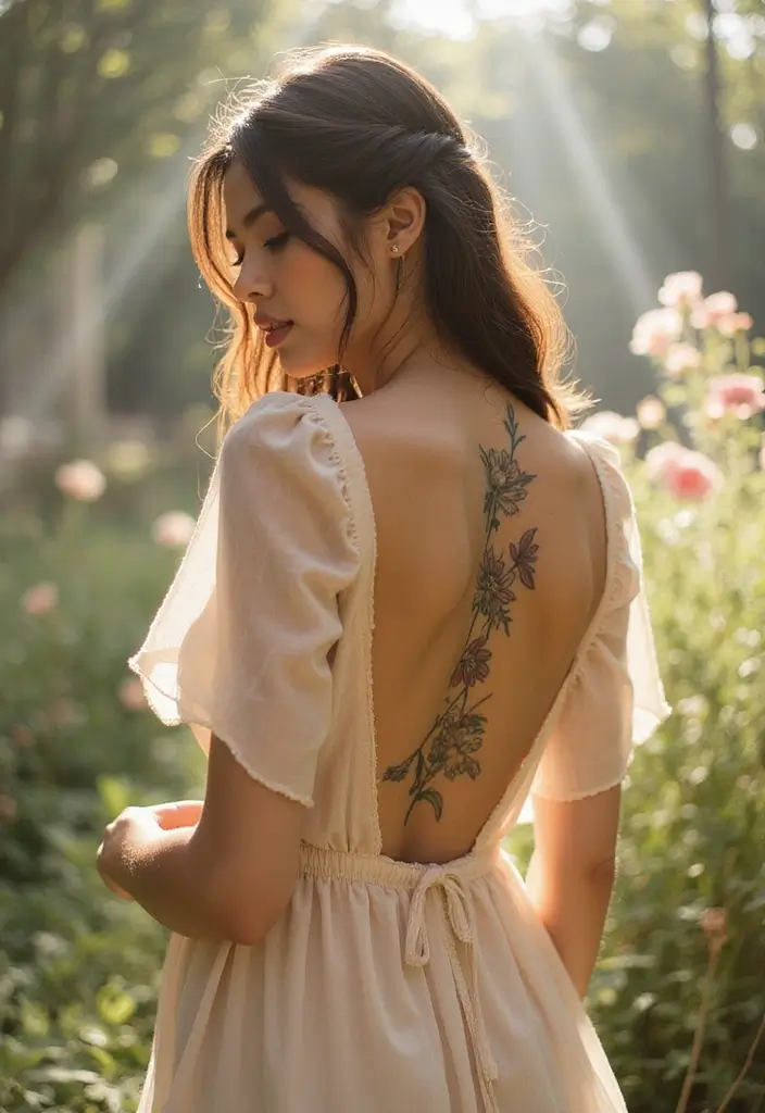 39+ Spine Tattoos For Women Fine Line: Delicate & Minimalist Ideas - 38. Symbolic Flowers