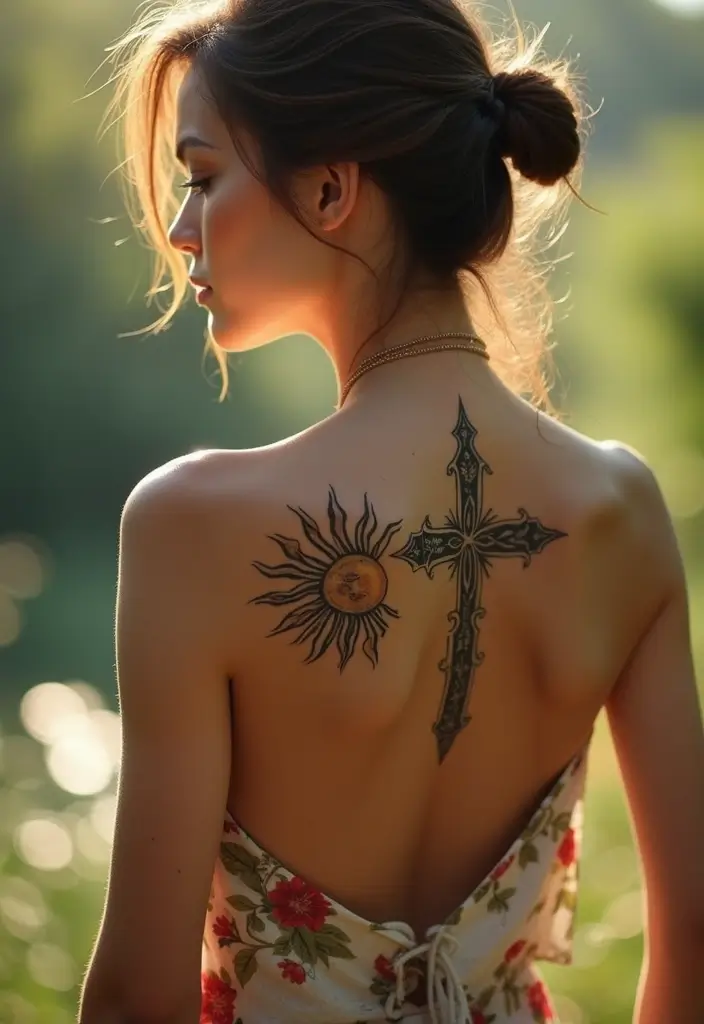 40+ Cross Tattoos For Women: Spiritual & Stylish Inspiration - 11. Cross with a Sun and Moon