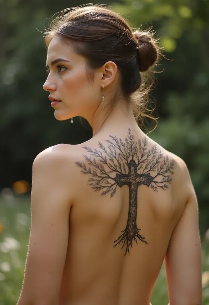 40+ Cross Tattoos For Women: Spiritual & Stylish Inspiration - 19. Cross with a Tree of Life