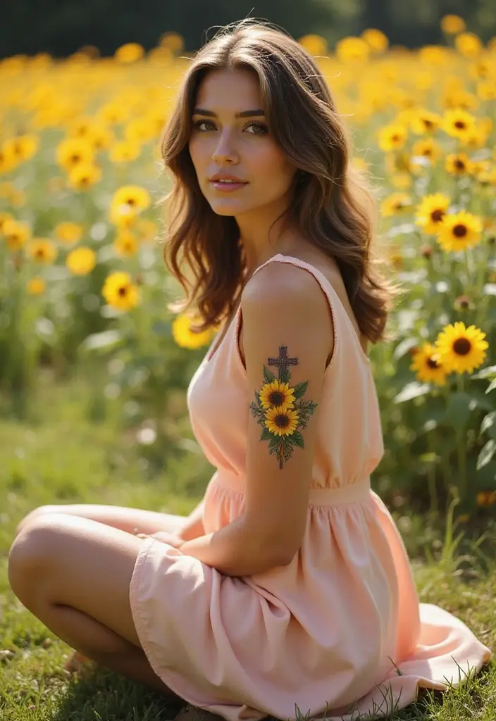 40+ Cross Tattoos For Women: Spiritual & Stylish Inspiration - 27. Cross with Sunflowers