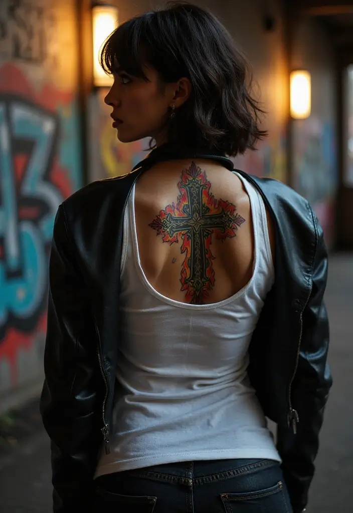 40+ Cross Tattoos For Women: Spiritual & Stylish Inspiration - 29. Cross with Fire