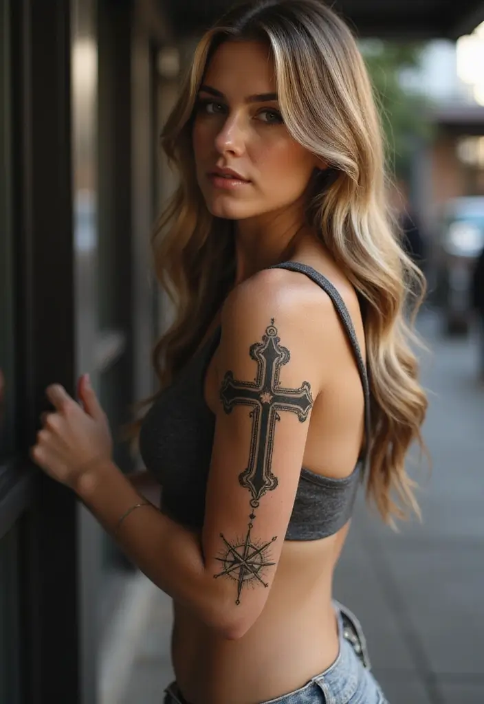 40+ Cross Tattoos For Women: Spiritual & Stylish Inspiration - 34. Cross with a Compass
