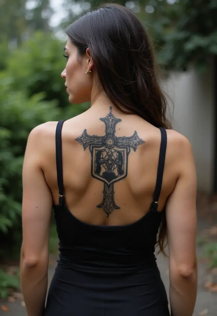 40+ Cross Tattoos For Women: Spiritual & Stylish Inspiration - 35. Cross with a Shield