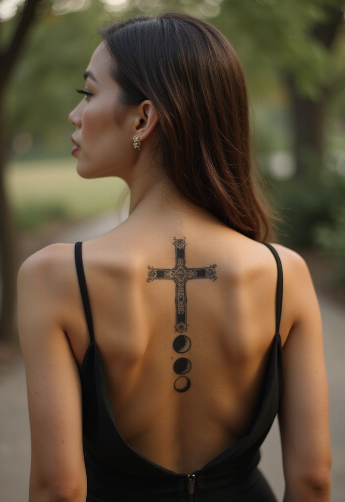 40+ Cross Tattoos For Women: Spiritual & Stylish Inspiration - 38. Cross with a Moon Phase