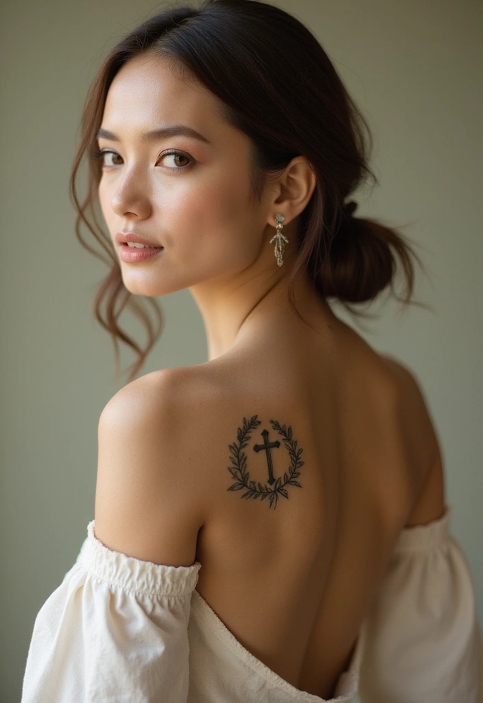 40+ Cross Tattoos For Women: Spiritual & Stylish Inspiration - 39. Cross with a Circle of Leaves