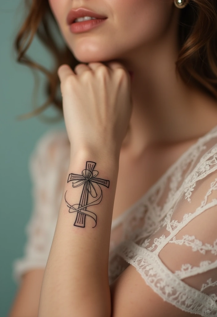 41+ Cross Tattoos For Women On Wrist: Subtle & Powerful Designs - 17. Cross with a Ribbon