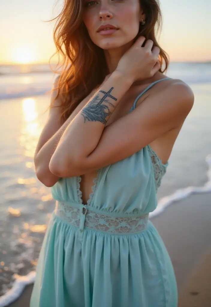 41+ Cross Tattoos For Women On Wrist: Subtle & Powerful Designs - 22. Cross with Waves
